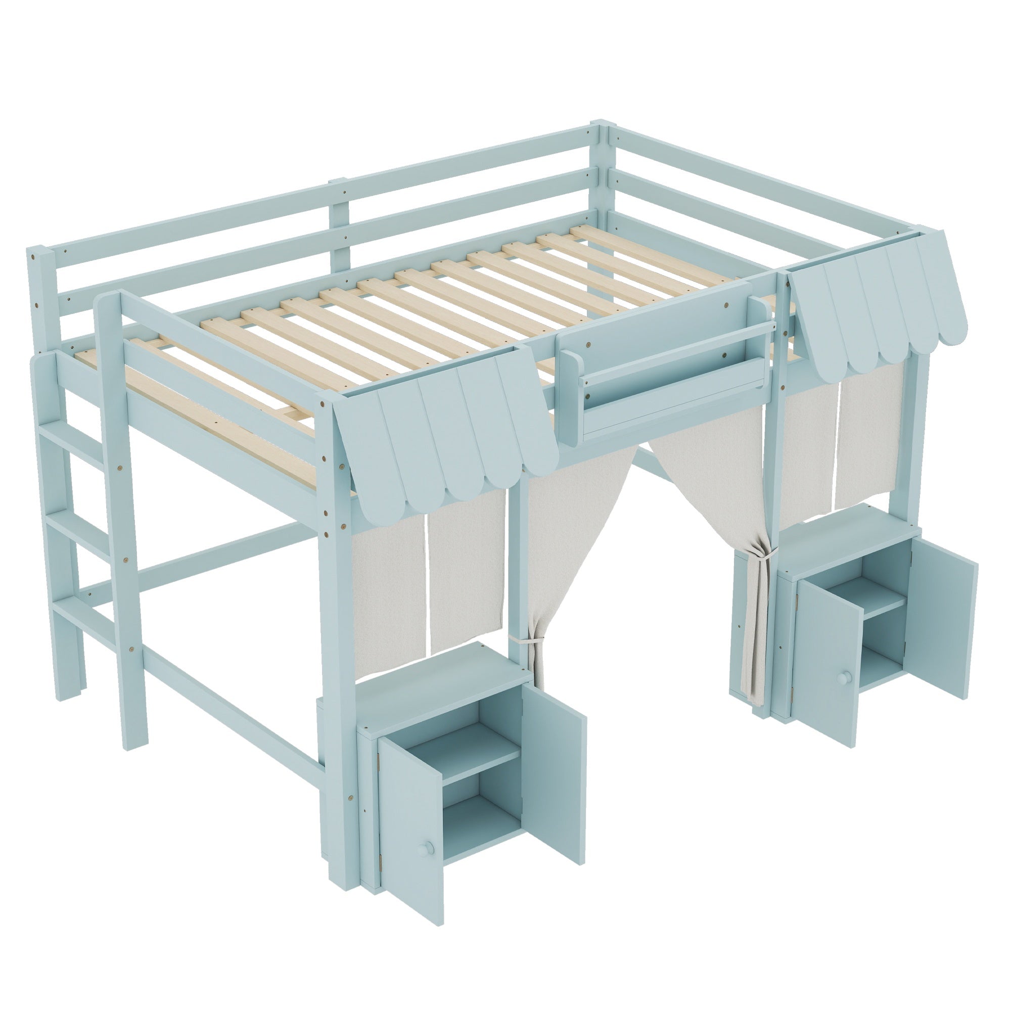 Bellemave® Twin Size Low loft Bed with Bookshelf, Curtain for Kids,Wood Modern Farmhouse Kids Loft Bed with Shelf, Storage Headboard, Blue - Bellemave