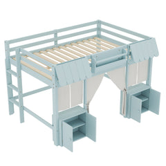 Bellemave® Twin Size Low loft Bed with Bookshelf, Curtain for Kids,Wood Modern Farmhouse Kids Loft Bed with Shelf, Storage Headboard, Blue - Bellemave