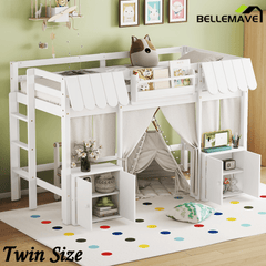Bellemave® Twin Size Low loft Bed with Bookshelf, Curtain for Kids,Wood Modern Farmhouse Kids Loft Bed with Shelf, Storage Headboard, Blue - Bellemave