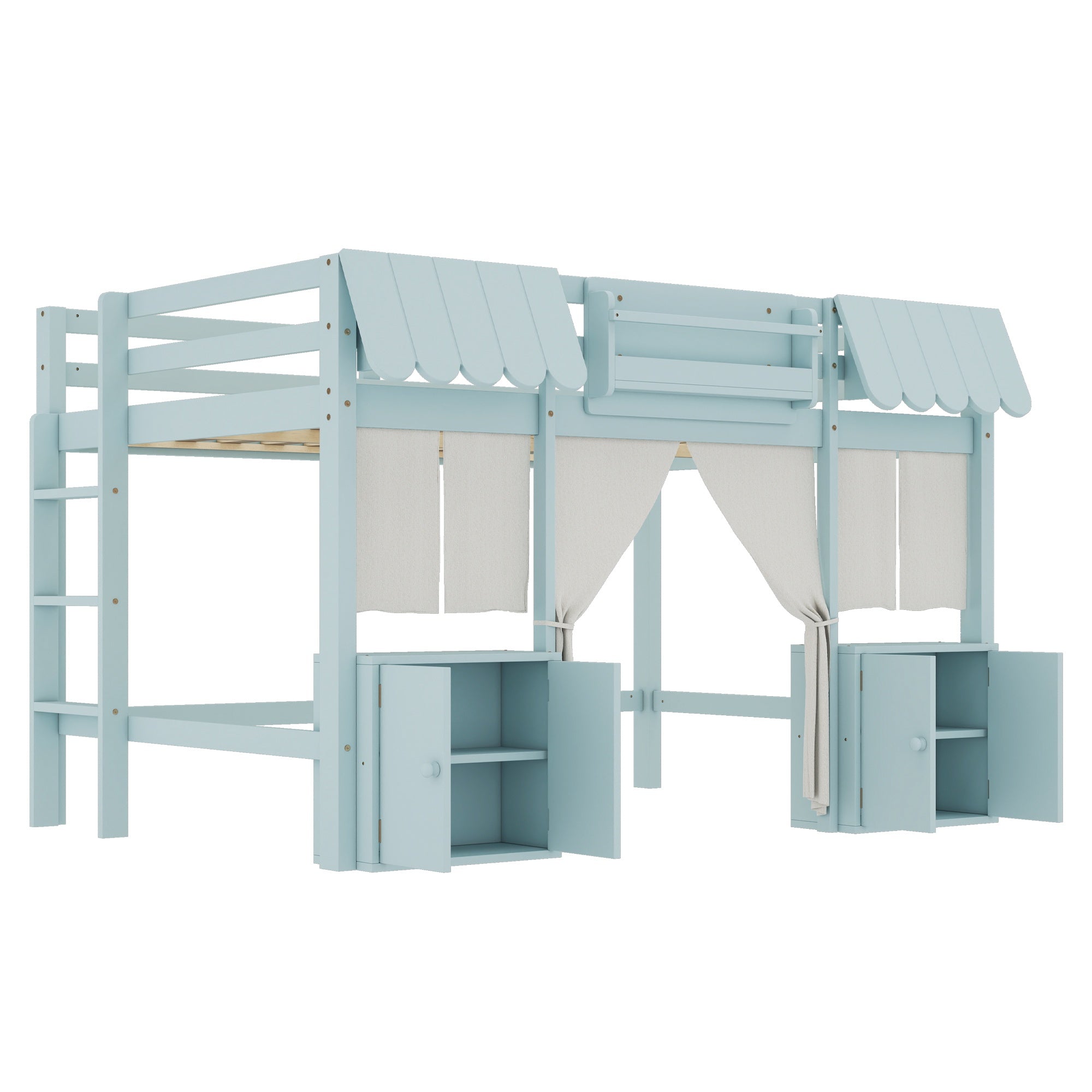 Bellemave® Twin Size Low loft Bed with Bookshelf, Curtain for Kids,Wood Modern Farmhouse Kids Loft Bed with Shelf, Storage Headboard, Blue - Bellemave