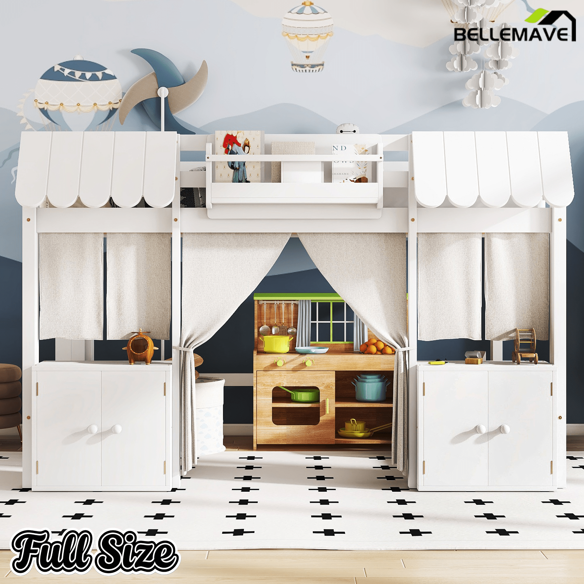 Bellemave® Twin Size Low loft Bed with Bookshelf, Curtain for Kids,Wood Modern Farmhouse Kids Loft Bed with Shelf, Storage Headboard, Blue - Bellemave