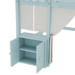 Bellemave® Twin Size Low loft Bed with Bookshelf, Curtain for Kids,Wood Modern Farmhouse Kids Loft Bed with Shelf, Storage Headboard, Blue - Bellemave