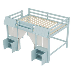 Bellemave® Twin Size Low loft Bed with Bookshelf, Curtain for Kids,Wood Modern Farmhouse Kids Loft Bed with Shelf, Storage Headboard, Blue - Bellemave