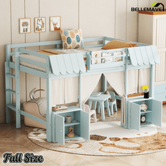 Bellemave® Twin Size Low loft Bed with Bookshelf, Curtain for Kids,Wood Modern Farmhouse Kids Loft Bed with Shelf, Storage Headboard, Blue - Bellemave