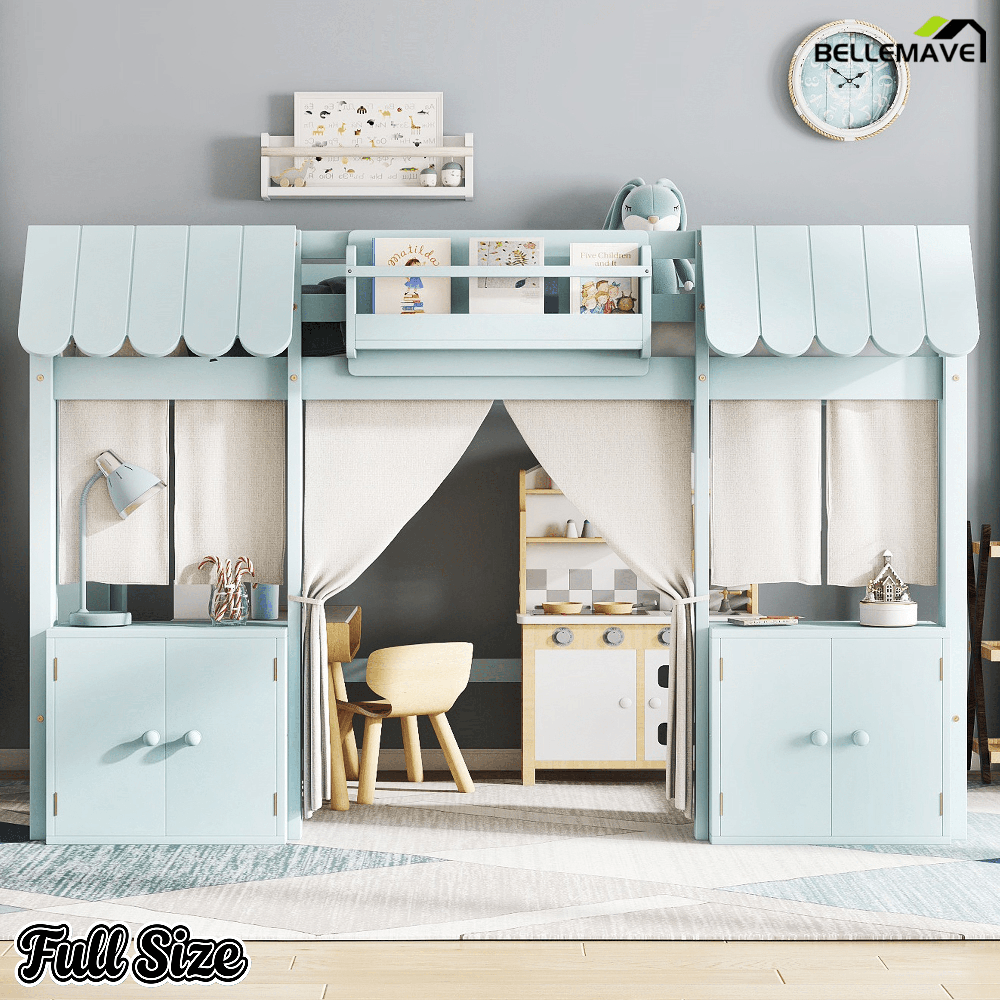 Bellemave® Twin Size Low loft Bed with Bookshelf, Curtain for Kids,Wood Modern Farmhouse Kids Loft Bed with Shelf, Storage Headboard, Blue - Bellemave