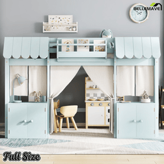 Bellemave® Twin Size Low loft Bed with Bookshelf, Curtain for Kids,Wood Modern Farmhouse Kids Loft Bed with Shelf, Storage Headboard, Blue - Bellemave