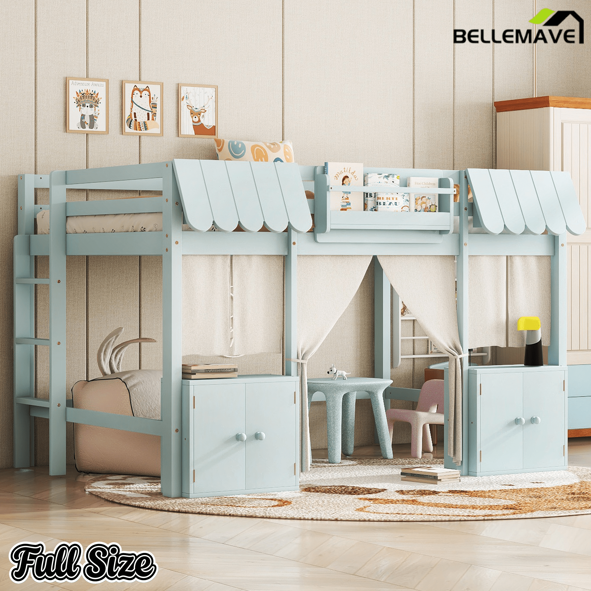 Bellemave® Twin Size Low loft Bed with Bookshelf, Curtain for Kids,Wood Modern Farmhouse Kids Loft Bed with Shelf, Storage Headboard, Blue - Bellemave