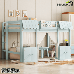 Bellemave® Twin Size Low loft Bed with Bookshelf, Curtain for Kids,Wood Modern Farmhouse Kids Loft Bed with Shelf, Storage Headboard, Blue - Bellemave