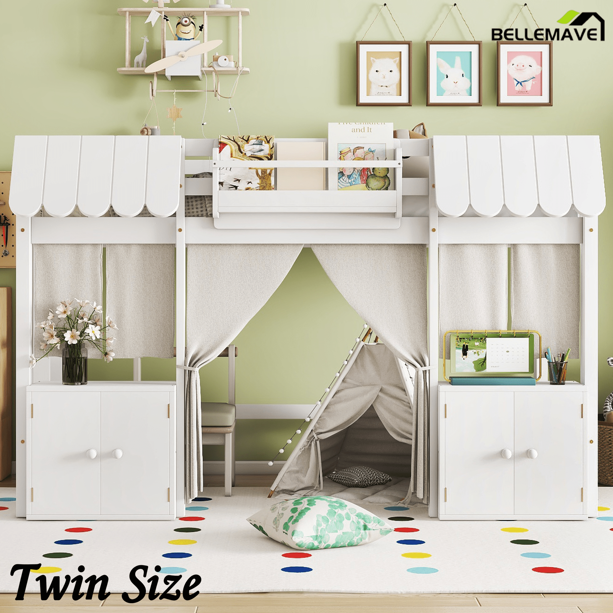 Bellemave® Twin Size Low loft Bed with Bookshelf, Curtain for Kids,Wood Modern Farmhouse Kids Loft Bed with Shelf, Storage Headboard, Blue - Bellemave