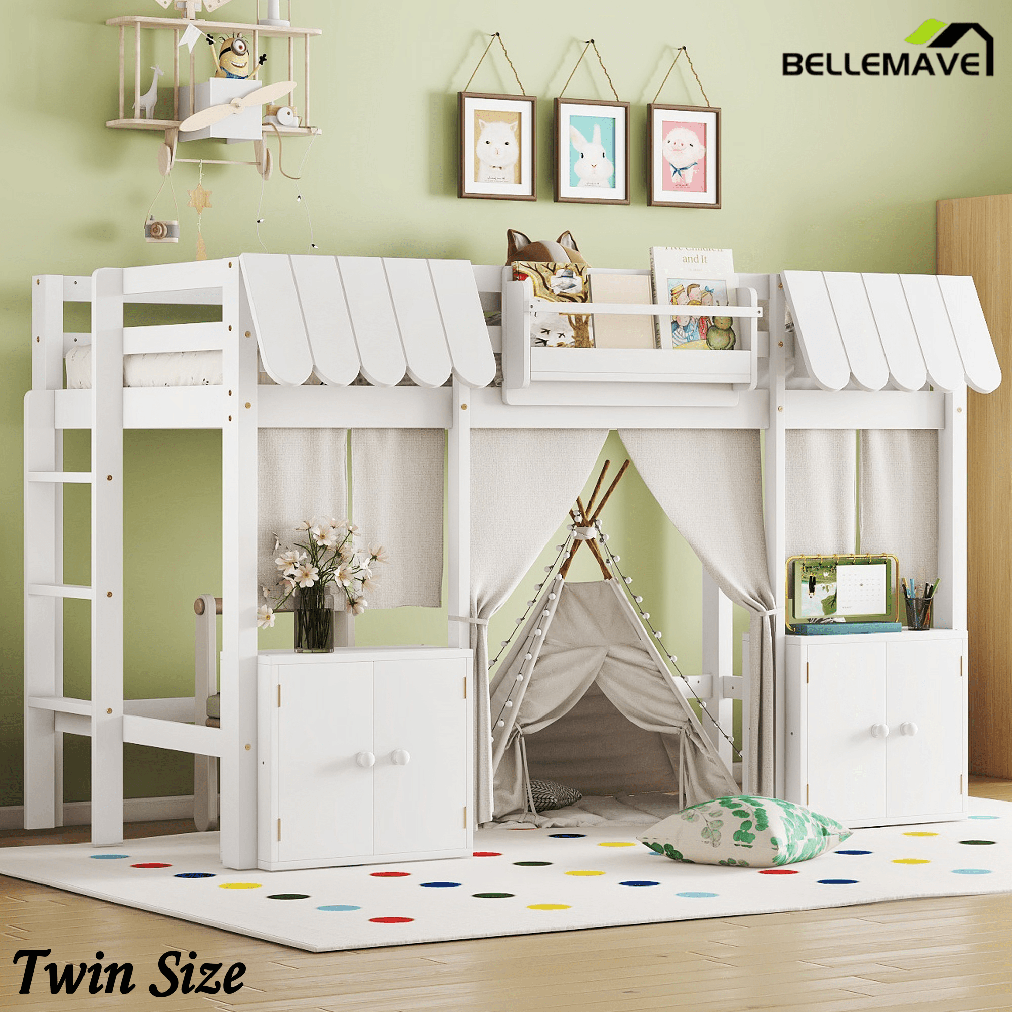 Bellemave® Twin Size Low loft Bed with Bookshelf, Curtain for Kids,Wood Modern Farmhouse Kids Loft Bed with Shelf, Storage Headboard, Blue - Bellemave