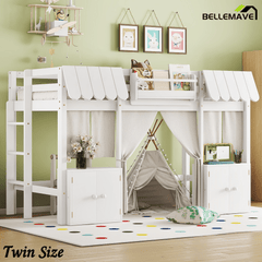 Bellemave® Twin Size Low loft Bed with Bookshelf, Curtain for Kids,Wood Modern Farmhouse Kids Loft Bed with Shelf, Storage Headboard, Blue - Bellemave