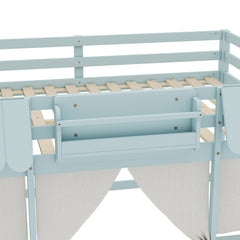 Bellemave® Twin Size Low loft Bed with Bookshelf, Curtain for Kids,Wood Modern Farmhouse Kids Loft Bed with Shelf, Storage Headboard, Blue - Bellemave