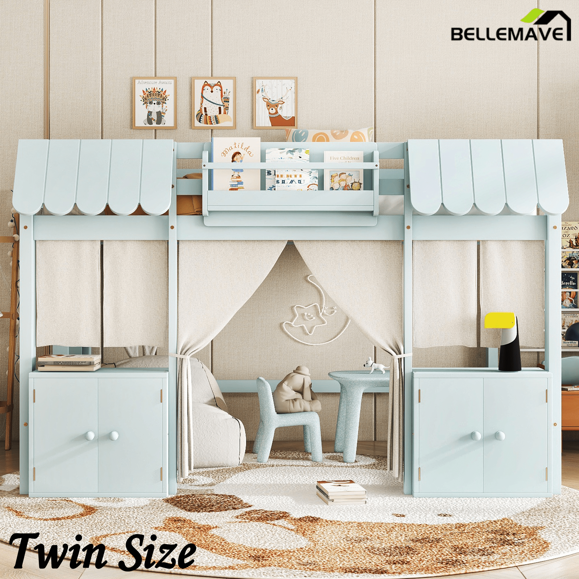 Bellemave® Twin Size Low loft Bed with Bookshelf, Curtain for Kids,Wood Modern Farmhouse Kids Loft Bed with Shelf, Storage Headboard, Blue - Bellemave