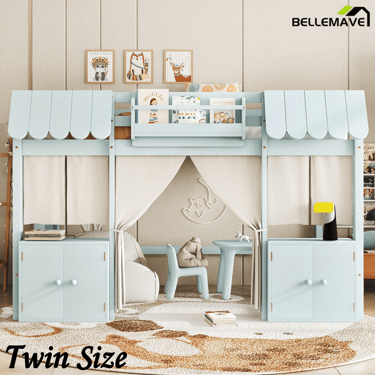 Bellemave® Twin Size Low loft Bed with Bookshelf, Curtain for Kids,Wood Modern Farmhouse Kids Loft Bed with Shelf, Storage Headboard, Blue - Bellemave