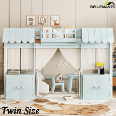 Bellemave® Twin Size Low loft Bed with Bookshelf, Curtain for Kids,Wood Modern Farmhouse Kids Loft Bed with Shelf, Storage Headboard, Blue - Bellemave
