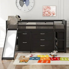 Bellemave® Twin Size Low Loft Bed with Cabinets, Shelves and Slide - Bellemave
