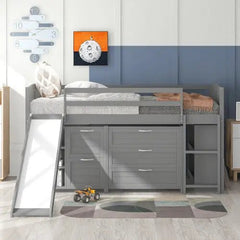 Bellemave® Twin Size Low Loft Bed with Cabinets, Shelves and Slide - Bellemave