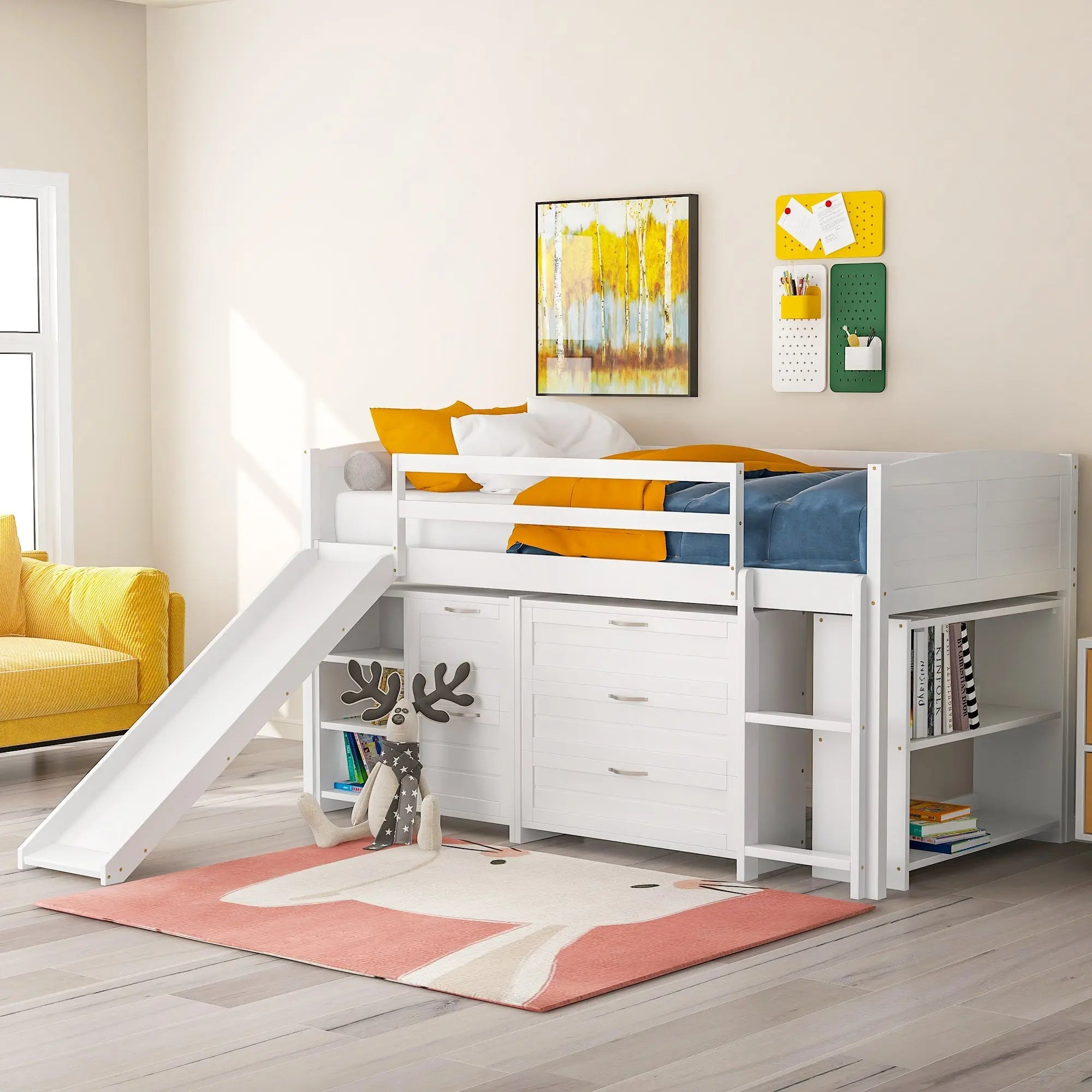 Bellemave® Twin Size Low Loft Bed with Cabinets, Shelves and Slide - Bellemave