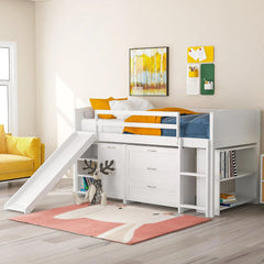 Bellemave® Twin Size Low Loft Bed with Cabinets, Shelves and Slide - Bellemave