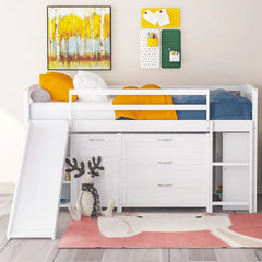 Bellemave® Twin Size Low Loft Bed with Cabinets, Shelves and Slide - Bellemave