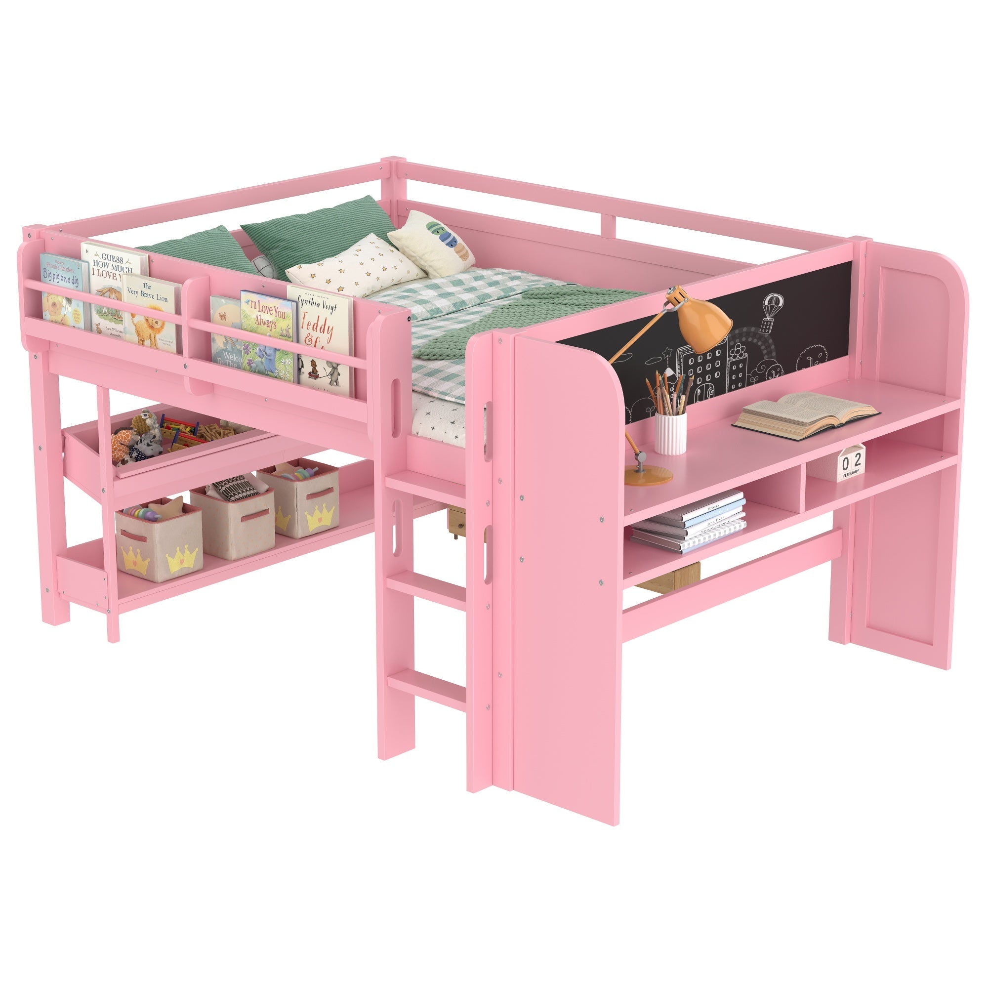 Bellemave® Twin Size Low loft Bed with Desk and bookcases, Boxes and Drawers for Kids,Wood Modern Farmhouse Kids Loft Bed with Shelf, Pink - Bellemave