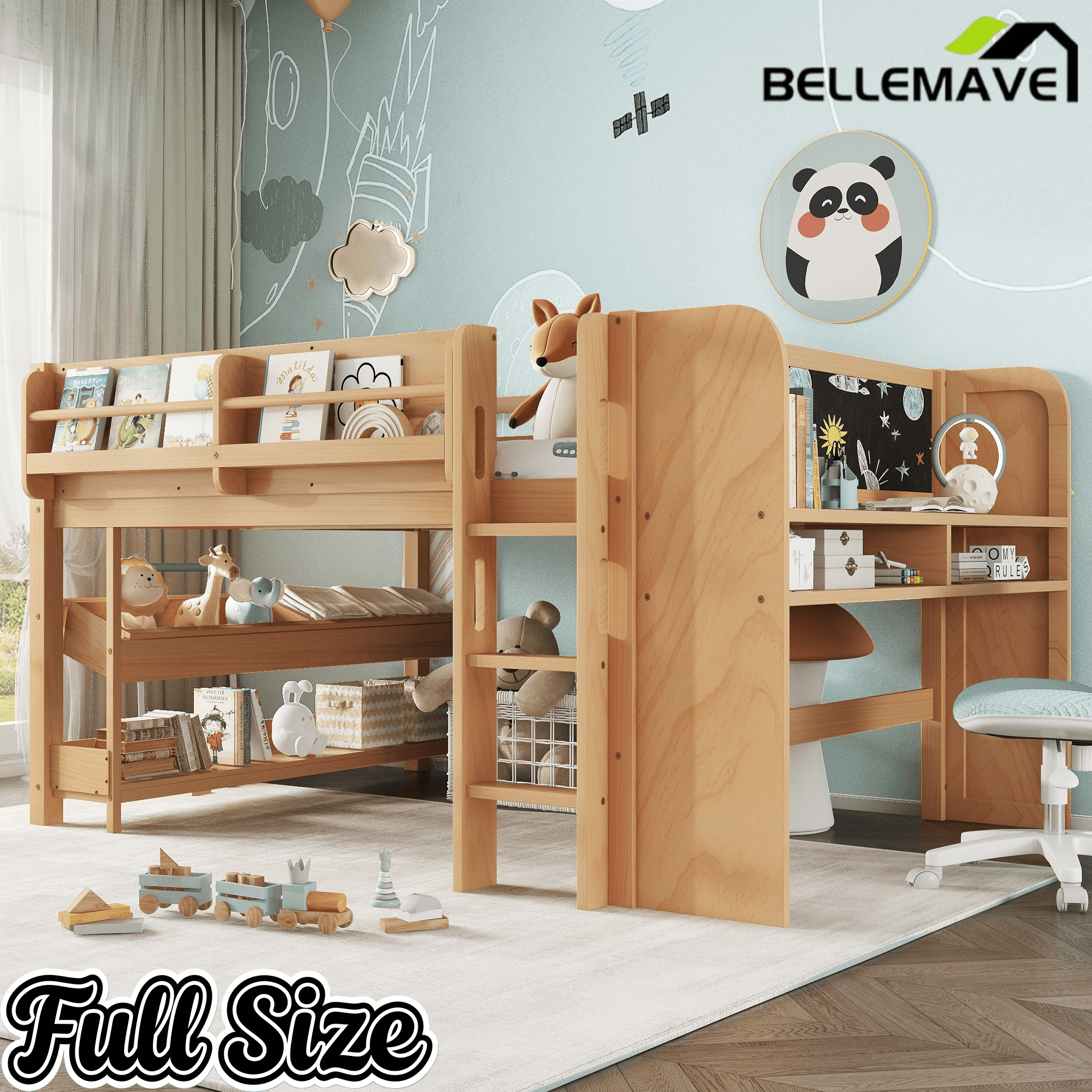 Bellemave® Twin Size Low loft Bed with Desk and bookcases, Boxes and Drawers for Kids,Wood Modern Farmhouse Kids Loft Bed with Shelf, Pink - Bellemave