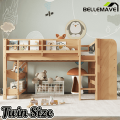 Bellemave® Twin Size Low loft Bed with Desk and bookcases, Boxes and Drawers for Kids,Wood Modern Farmhouse Kids Loft Bed with Shelf, Pink - Bellemave