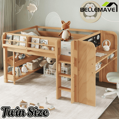 Bellemave® Twin Size Low loft Bed with Desk and bookcases, Boxes and Drawers for Kids,Wood Modern Farmhouse Kids Loft Bed with Shelf, Pink - Bellemave