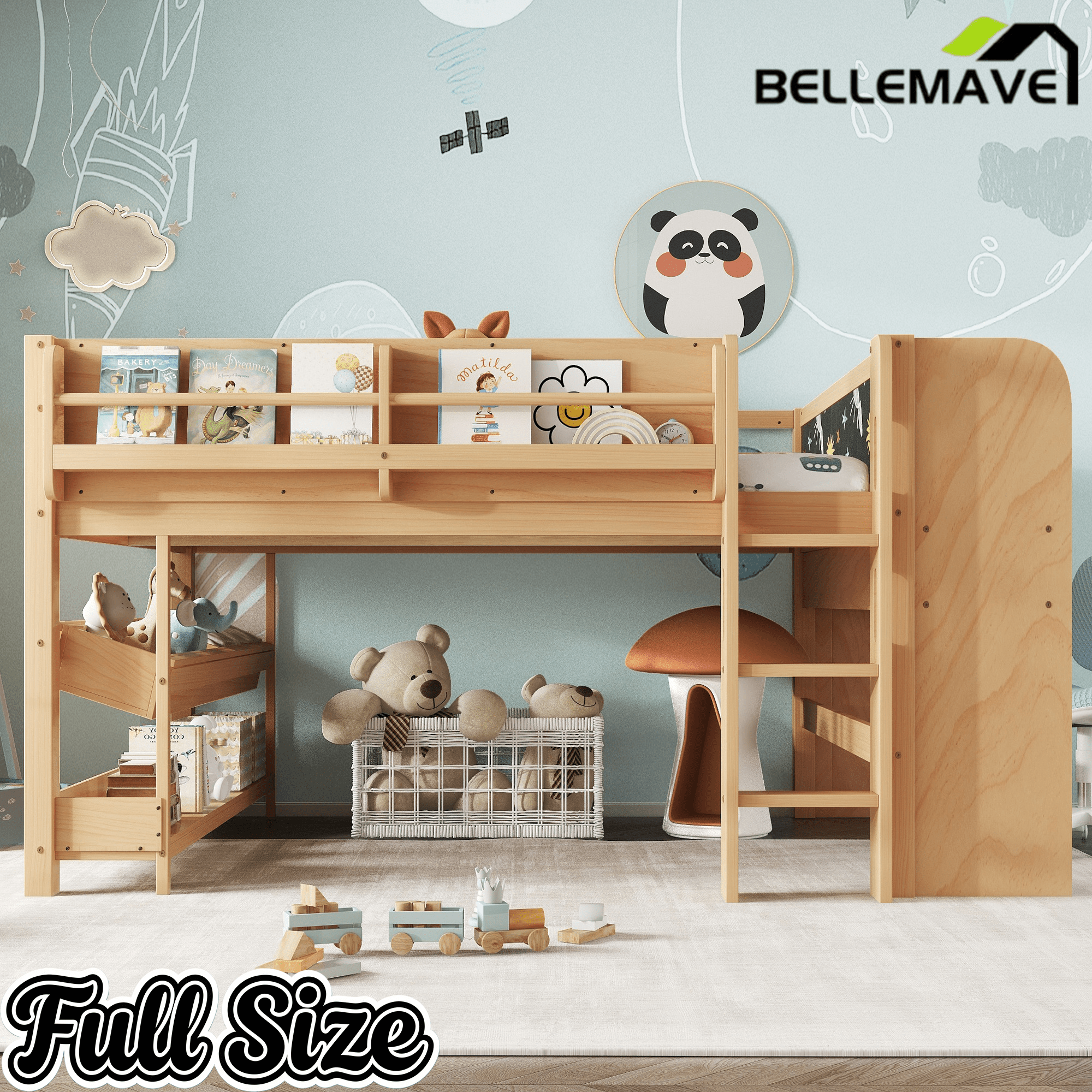 Bellemave® Twin Size Low loft Bed with Desk and bookcases, Boxes and Drawers for Kids,Wood Modern Farmhouse Kids Loft Bed with Shelf, Pink - Bellemave
