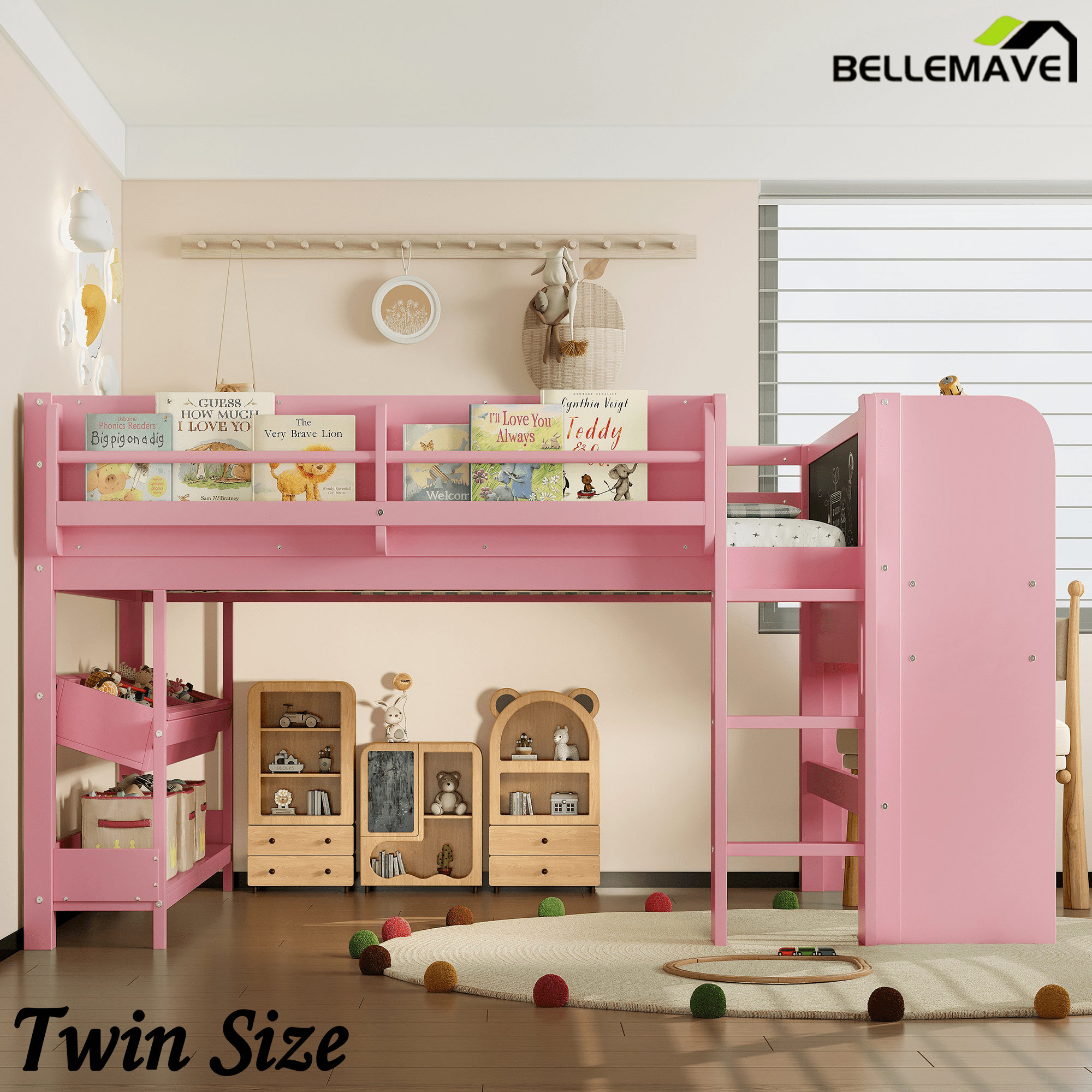 Bellemave® Twin Size Low loft Bed with Desk and bookcases, Boxes and Drawers for Kids,Wood Modern Farmhouse Kids Loft Bed with Shelf, Pink - Bellemave