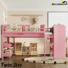 Bellemave® Twin Size Low loft Bed with Desk and bookcases, Boxes and Drawers for Kids,Wood Modern Farmhouse Kids Loft Bed with Shelf, Pink - Bellemave