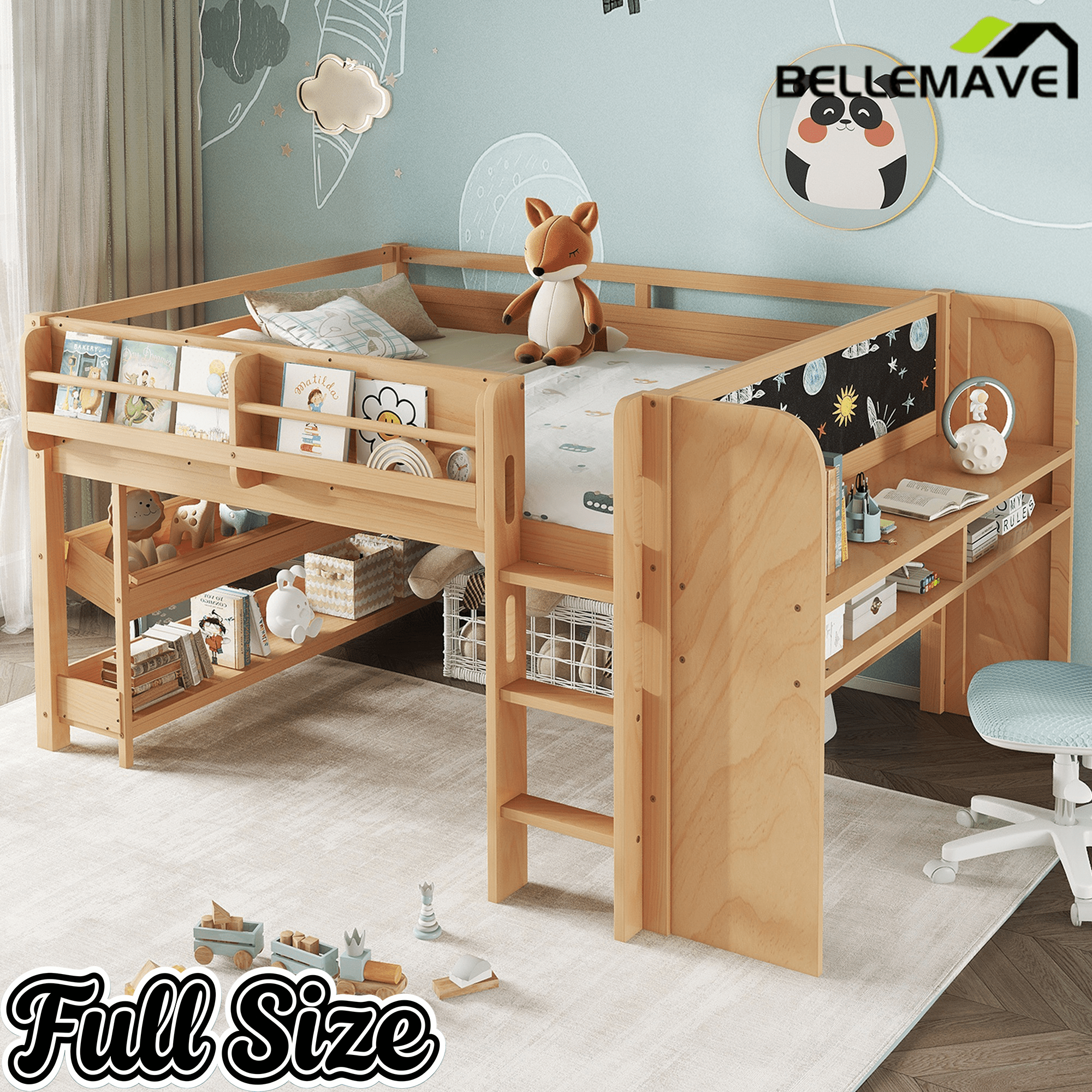 Bellemave® Twin Size Low loft Bed with Desk and bookcases, Boxes and Drawers for Kids,Wood Modern Farmhouse Kids Loft Bed with Shelf, Pink - Bellemave