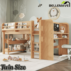 Bellemave® Twin Size Low loft Bed with Desk and bookcases, Boxes and Drawers for Kids,Wood Modern Farmhouse Kids Loft Bed with Shelf, Pink - Bellemave