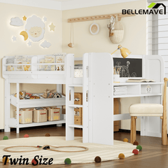 Bellemave® Twin Size Low loft Bed with Desk and bookcases, Boxes and Drawers for Kids,Wood Modern Farmhouse Kids Loft Bed with Shelf, Pink - Bellemave