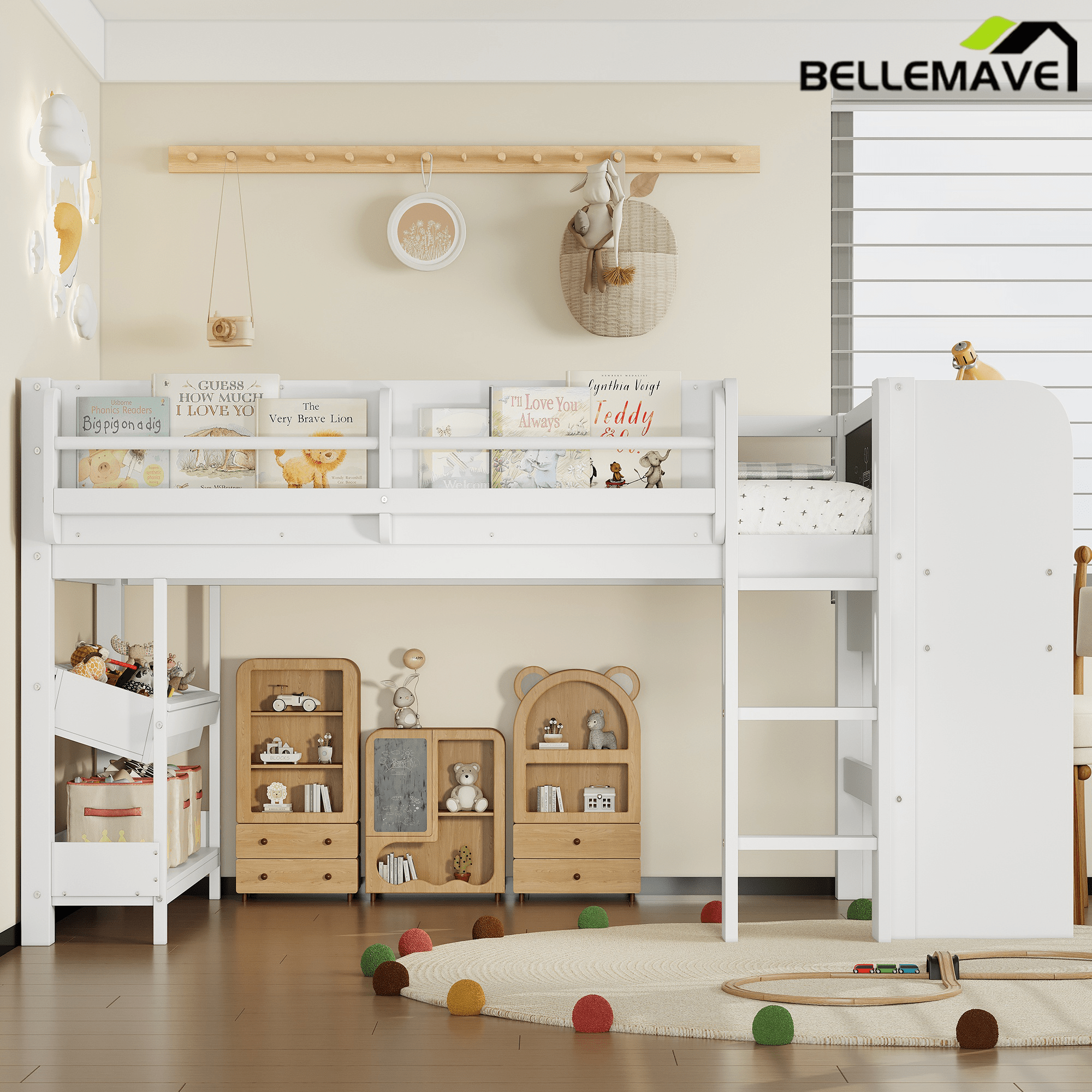 Bellemave® Twin Size Low loft Bed with Desk and bookcases, Boxes and Drawers for Kids,Wood Modern Farmhouse Kids Loft Bed with Shelf, Pink - Bellemave