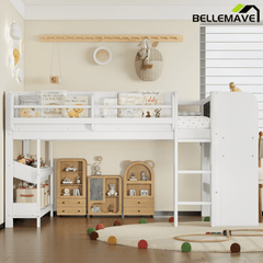 Bellemave® Twin Size Low loft Bed with Desk and bookcases, Boxes and Drawers for Kids,Wood Modern Farmhouse Kids Loft Bed with Shelf, Pink - Bellemave