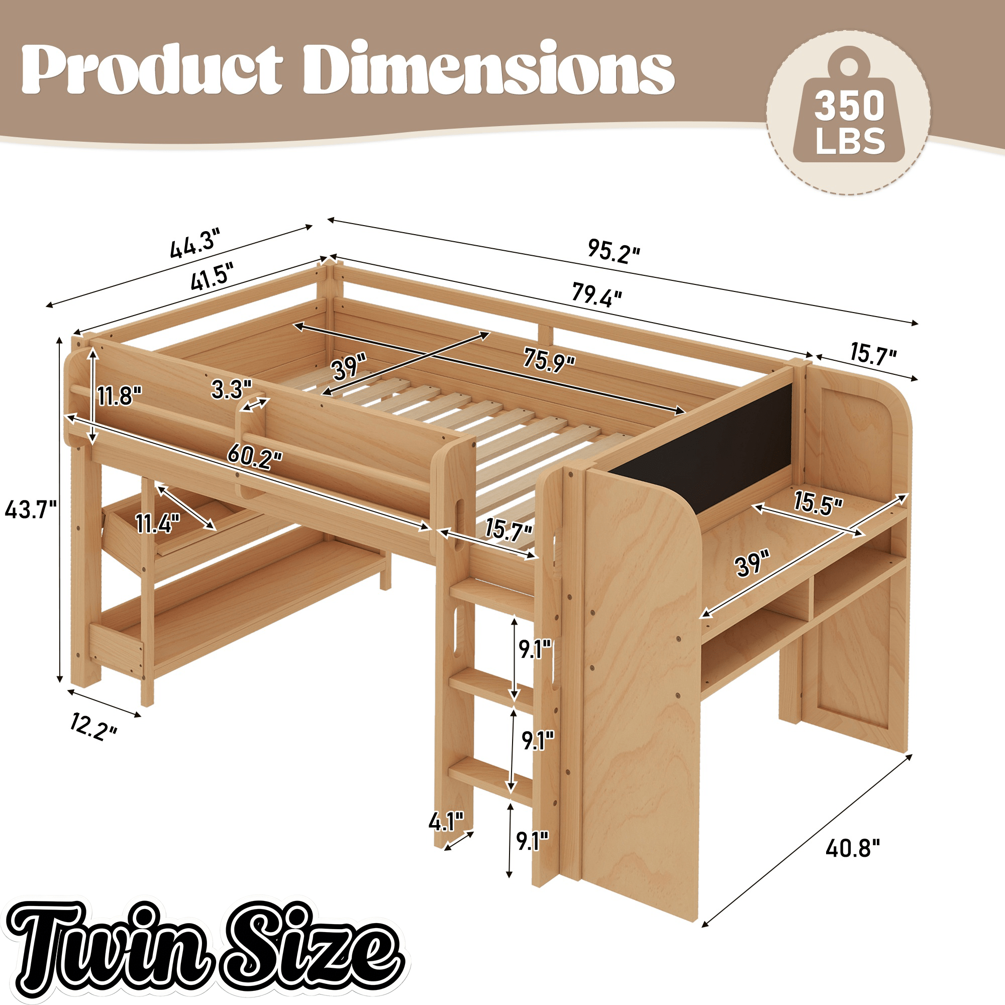 Bellemave® Twin Size Low loft Bed with Desk and bookcases, Boxes and Drawers for Kids,Wood Modern Farmhouse Kids Loft Bed with Shelf, Pink - Bellemave