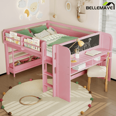 Bellemave® Twin Size Low loft Bed with Desk and bookcases, Boxes and Drawers for Kids,Wood Modern Farmhouse Kids Loft Bed with Shelf, Pink - Bellemave