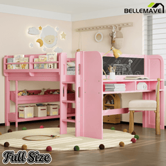 Bellemave® Twin Size Low loft Bed with Desk and bookcases, Boxes and Drawers for Kids,Wood Modern Farmhouse Kids Loft Bed with Shelf, Pink - Bellemave
