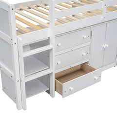 Bellemave® Twin Size Low Loft Bed With Pull - Out Desk, Drawers, Cabinet, and Shelves - Bellemave