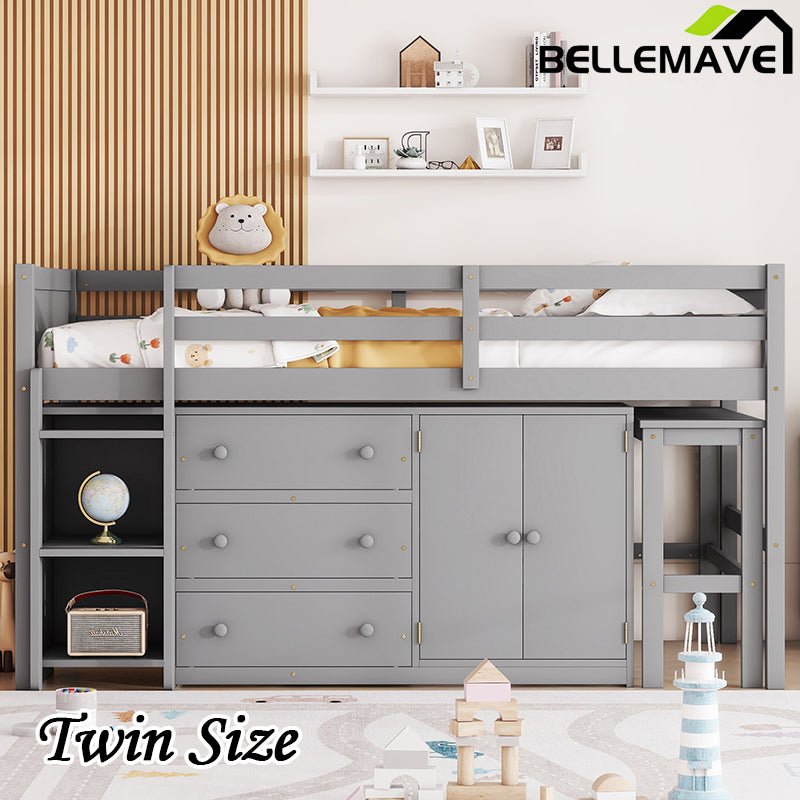 Bellemave® Twin Size Low Loft Bed With Pull - Out Desk, Drawers, Cabinet, and Shelves - Bellemave
