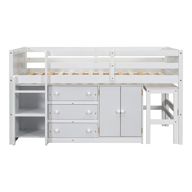 Bellemave® Twin Size Low Loft Bed With Pull - Out Desk, Drawers, Cabinet, and Shelves - Bellemave