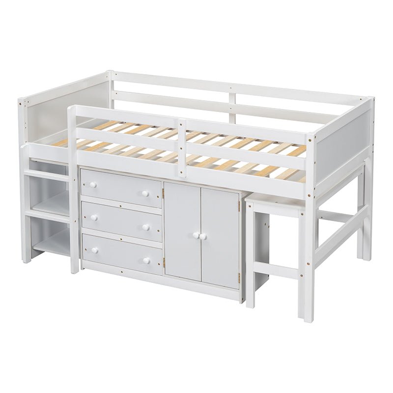 Bellemave® Twin Size Low Loft Bed With Pull - Out Desk, Drawers, Cabinet, and Shelves - Bellemave