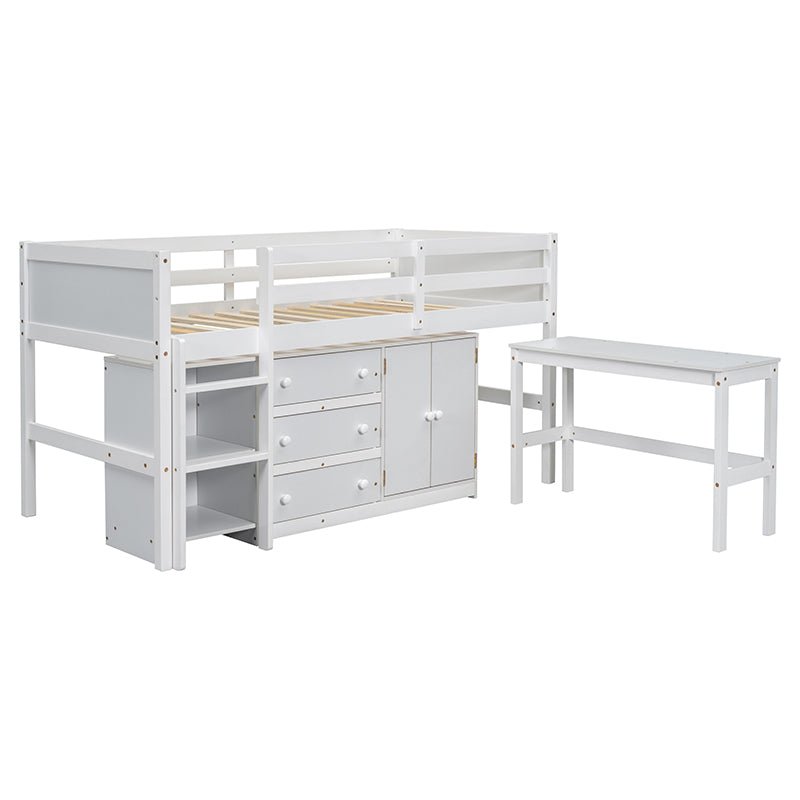 Bellemave® Twin Size Low Loft Bed With Pull - Out Desk, Drawers, Cabinet, and Shelves - Bellemave