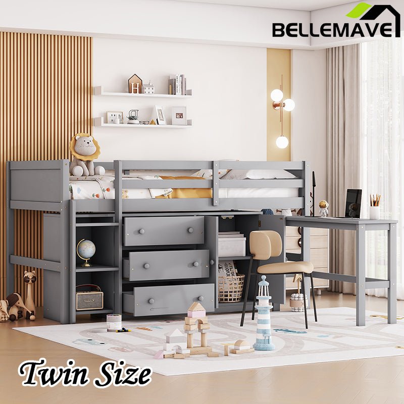Bellemave® Twin Size Low Loft Bed With Pull - Out Desk, Drawers, Cabinet, and Shelves - Bellemave