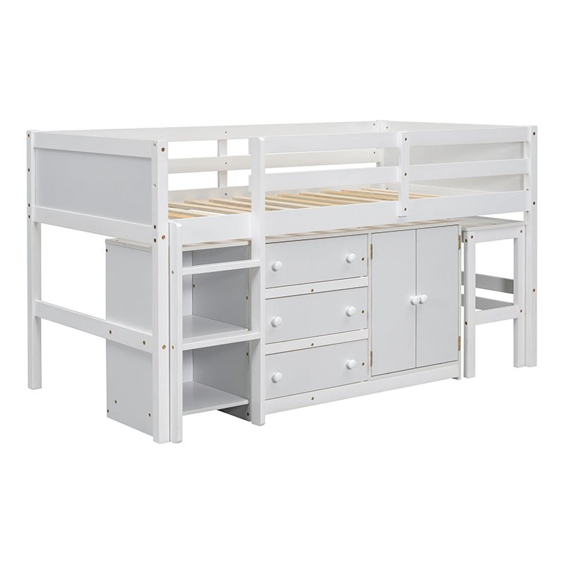 Bellemave® Twin Size Low Loft Bed With Pull - Out Desk, Drawers, Cabinet, and Shelves - Bellemave