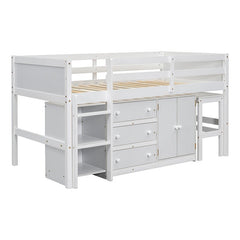 Bellemave® Twin Size Low Loft Bed With Pull - Out Desk, Drawers, Cabinet, and Shelves - Bellemave