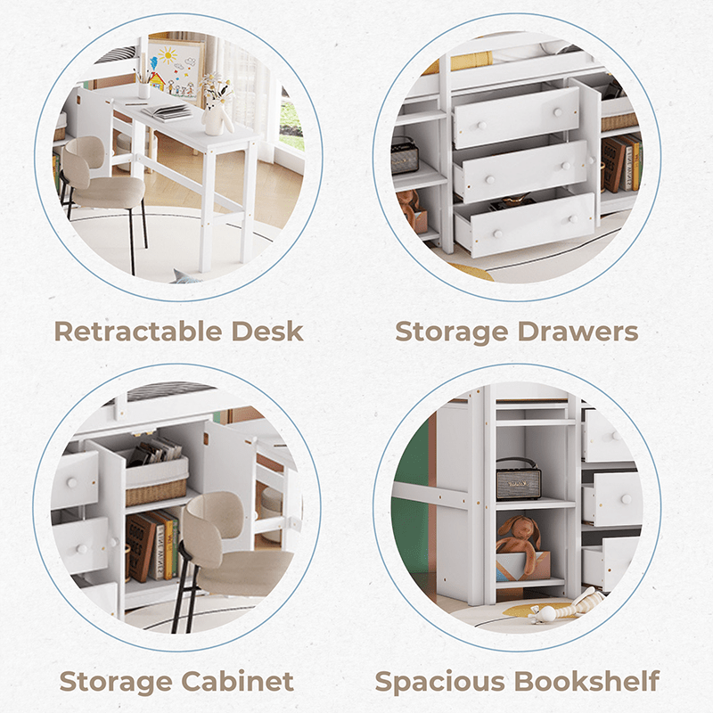 Bellemave® Twin Size Low Loft Bed With Pull - Out Desk, Drawers, Cabinet, and Shelves - Bellemave