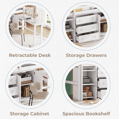 Bellemave® Twin Size Low Loft Bed With Pull - Out Desk, Drawers, Cabinet, and Shelves - Bellemave
