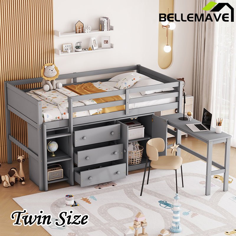 Bellemave® Twin Size Low Loft Bed With Pull - Out Desk, Drawers, Cabinet, and Shelves - Bellemave